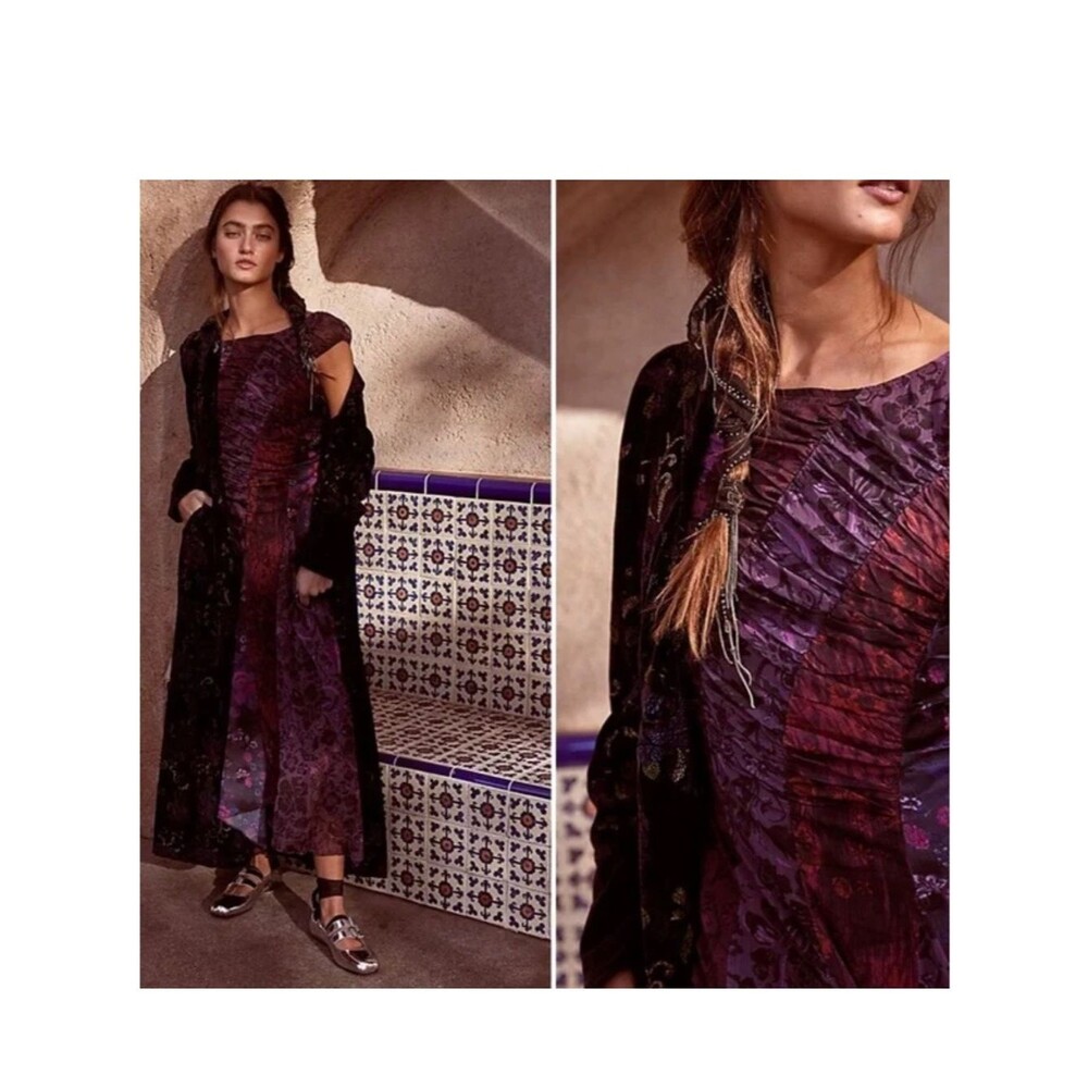 NWT Free People Heart to Heart Midi Dress Chiffon purple Patchwork Sz 0
